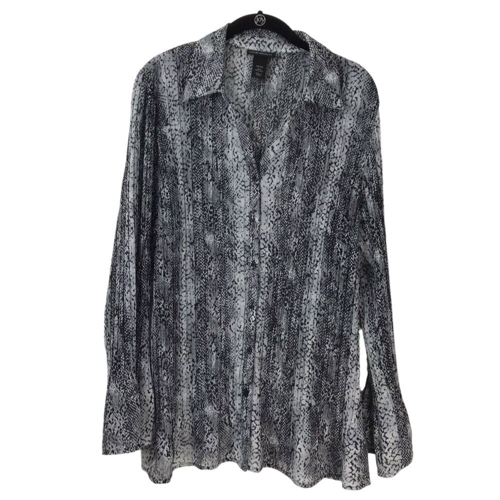 Lane Bryant Top Size 18/20 Black White Geo Print Sheer Button Up Long Sleeve
